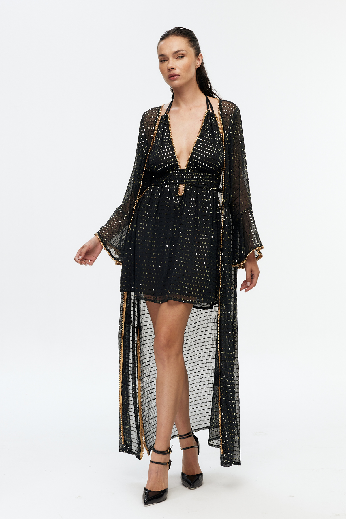 Siyah şifon parıltılı uzun kollu kimono 4