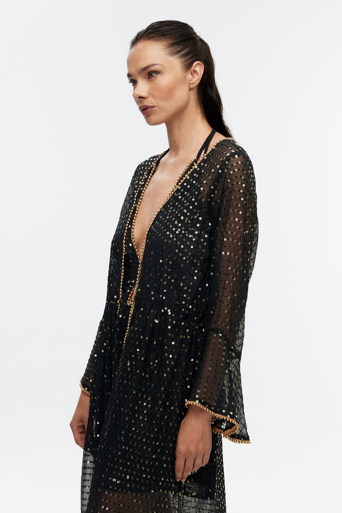 Siyah şifon parıltılı uzun kollu kimono 5