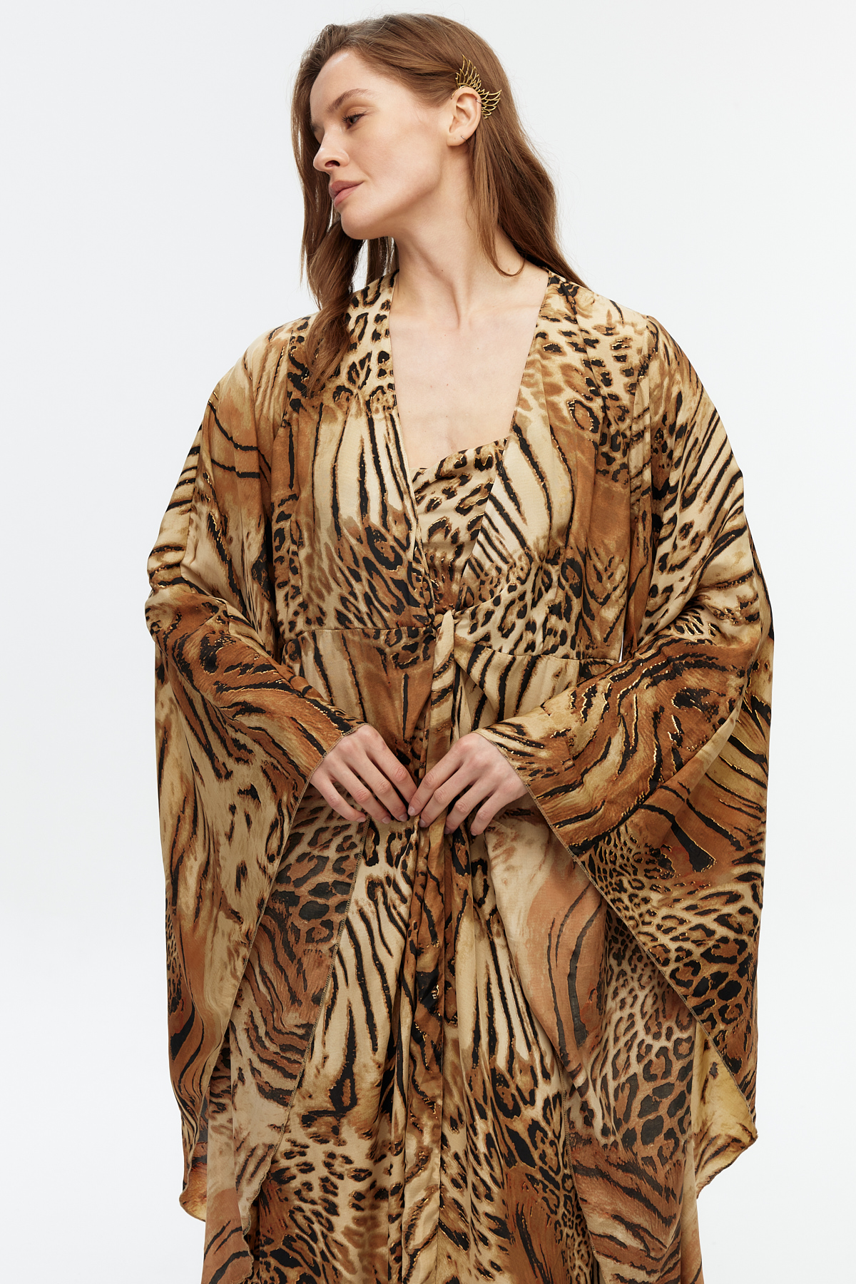 Sahara leopar desenli uzun kaftan 5