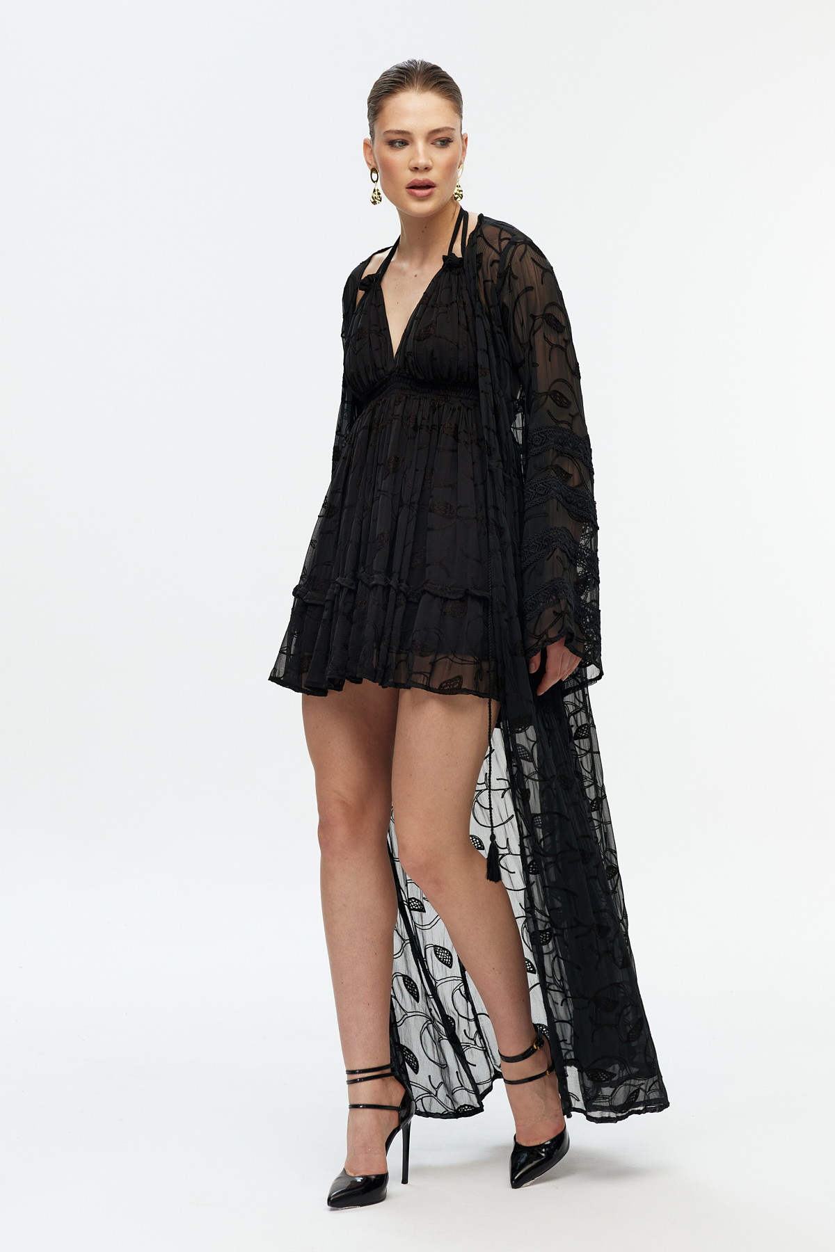 Siyah şifon dantel detaylı uzun kimono 3