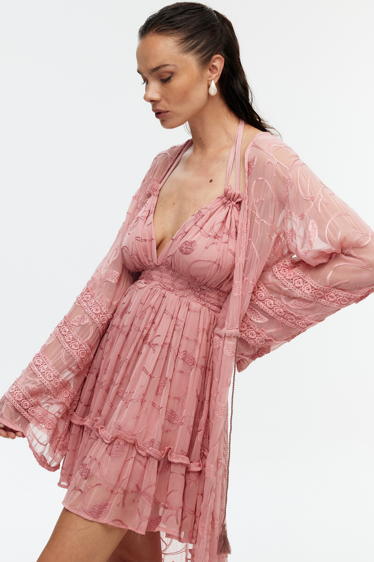 Pembe şifon dantel detaylı uzun kimono 6