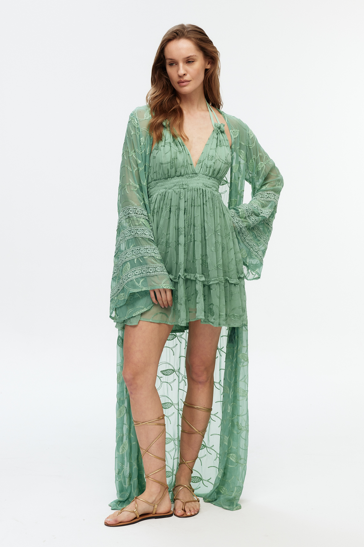 Yeşil şifon dantel detaylı uzun kimono 2