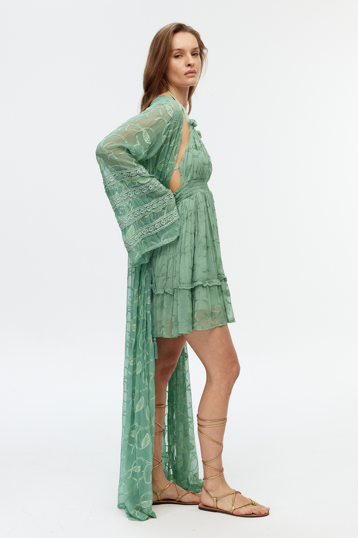 Yeşil şifon dantel detaylı uzun kimono 4