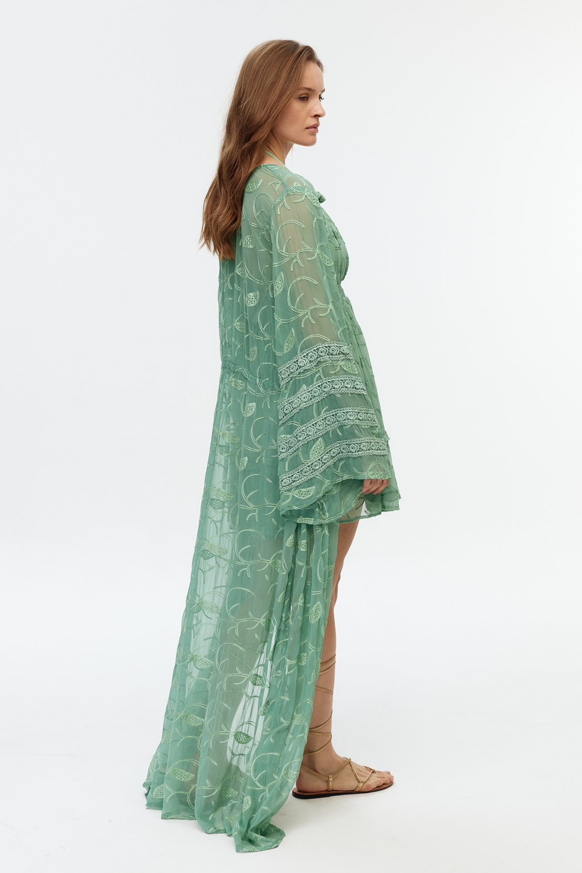 Yeşil şifon dantel detaylı uzun kimono 6