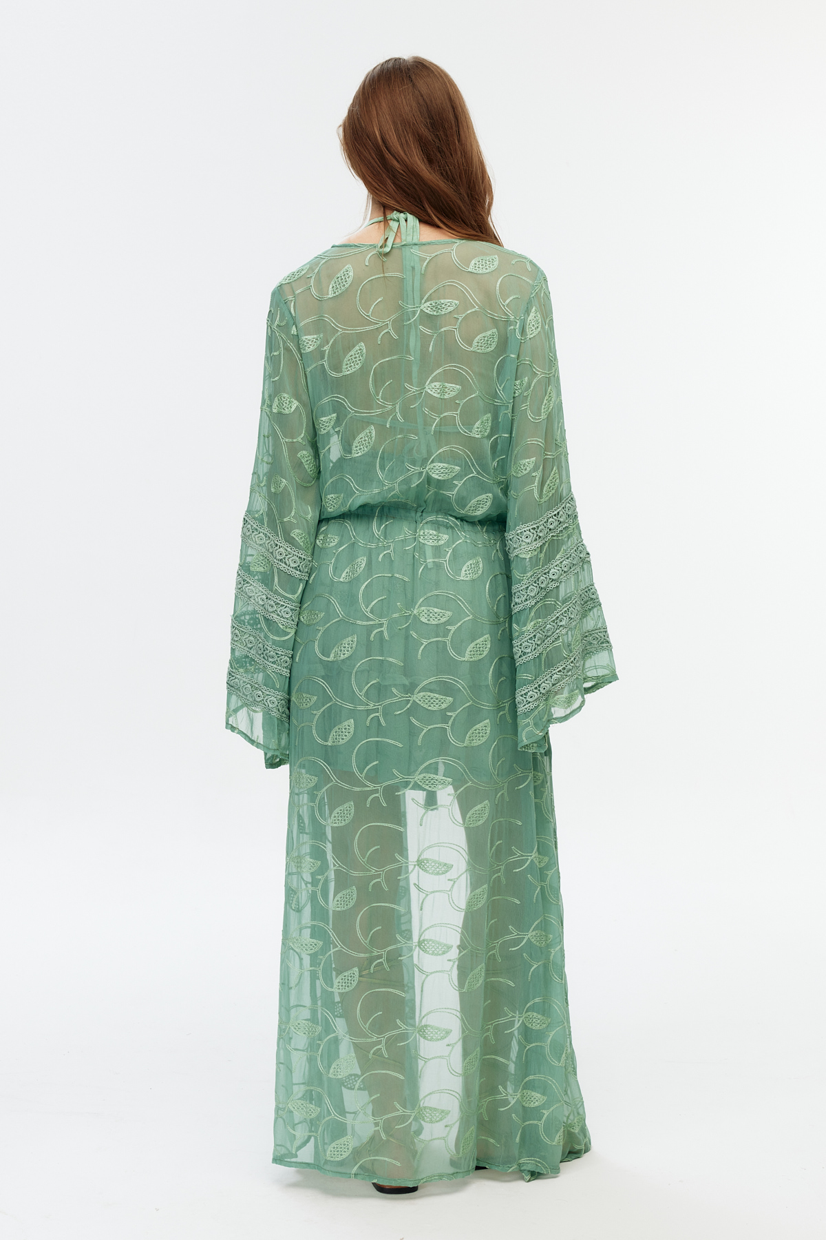 Yeşil şifon dantel detaylı uzun kimono 7