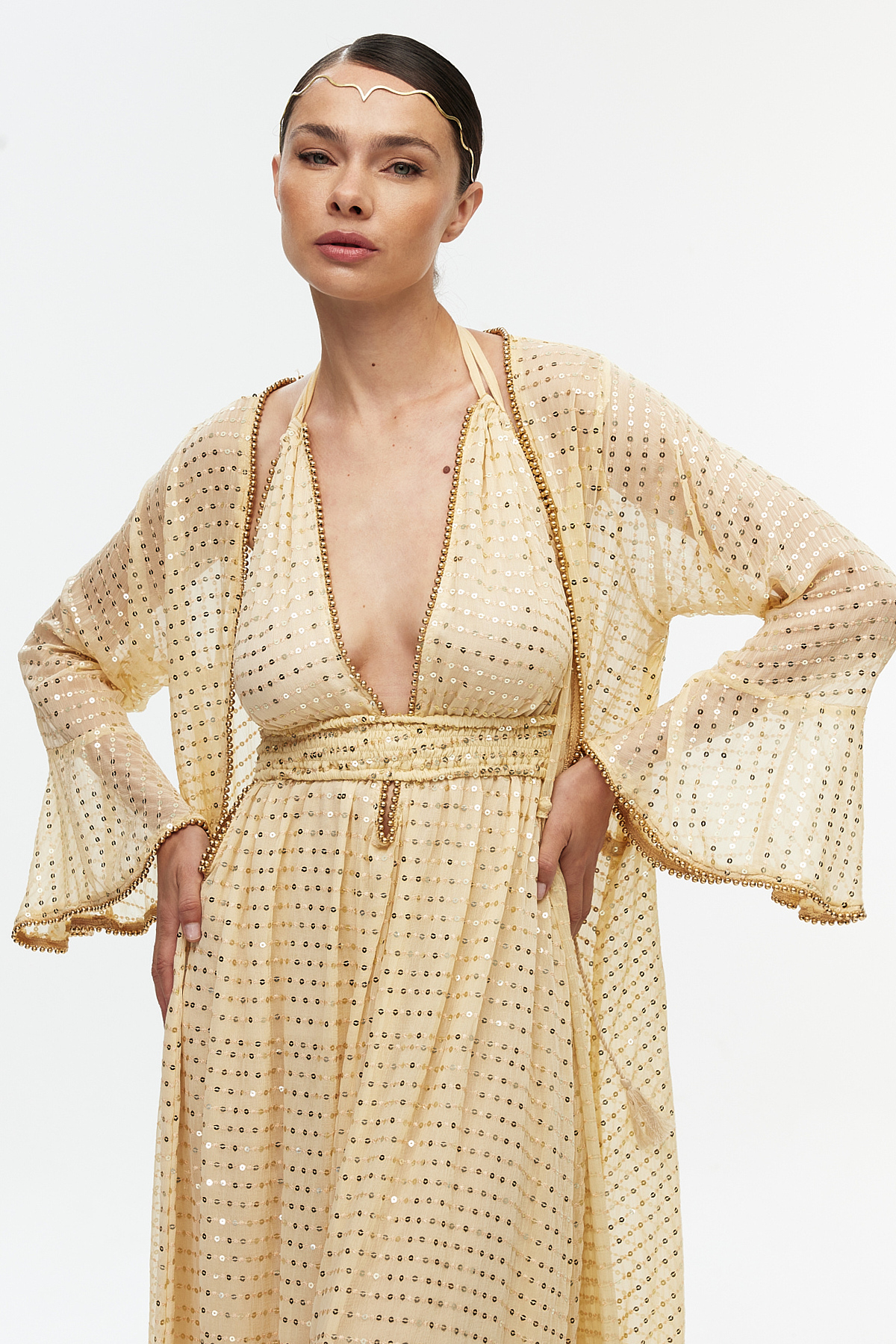 Bej şifon parıltılı uzun kollu kimono 4