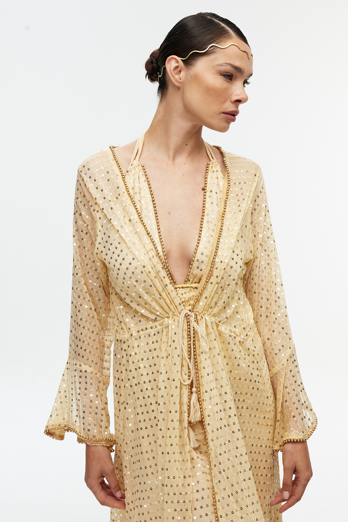Bej şifon parıltılı uzun kollu kimono 5