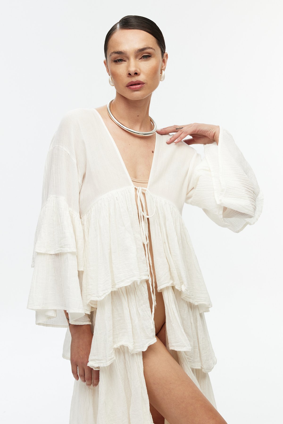 Ekru pamuk kat kat bohem kimono 3