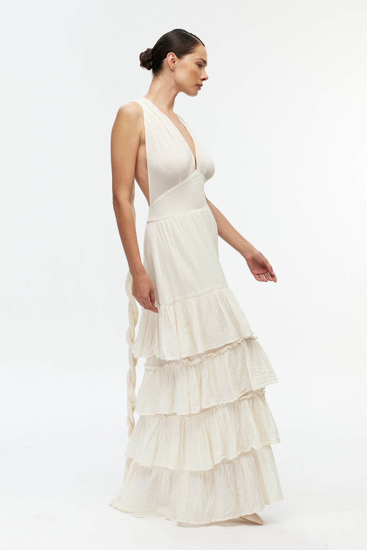 Ekru sırt bağlamalı cotton maxi elbise 4