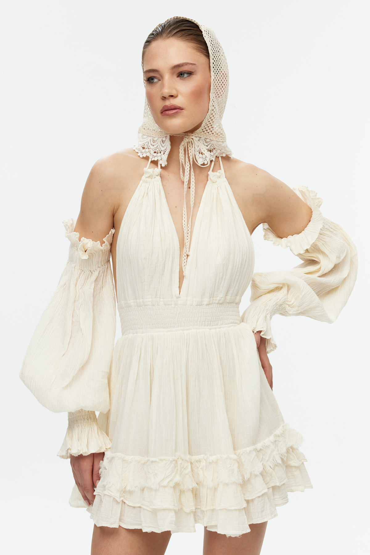 Ekru bohem mini cotton elbise 3