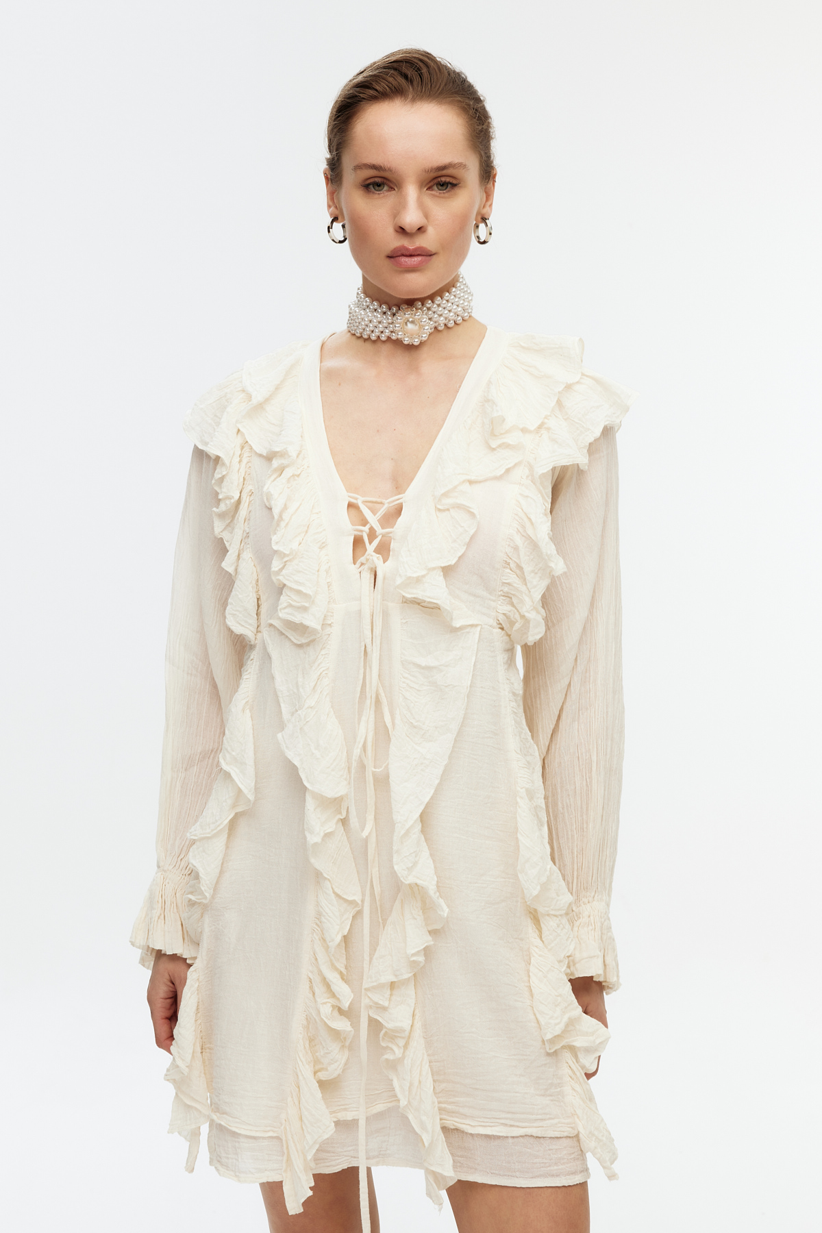 Ekru bohem chic mini elbise 2