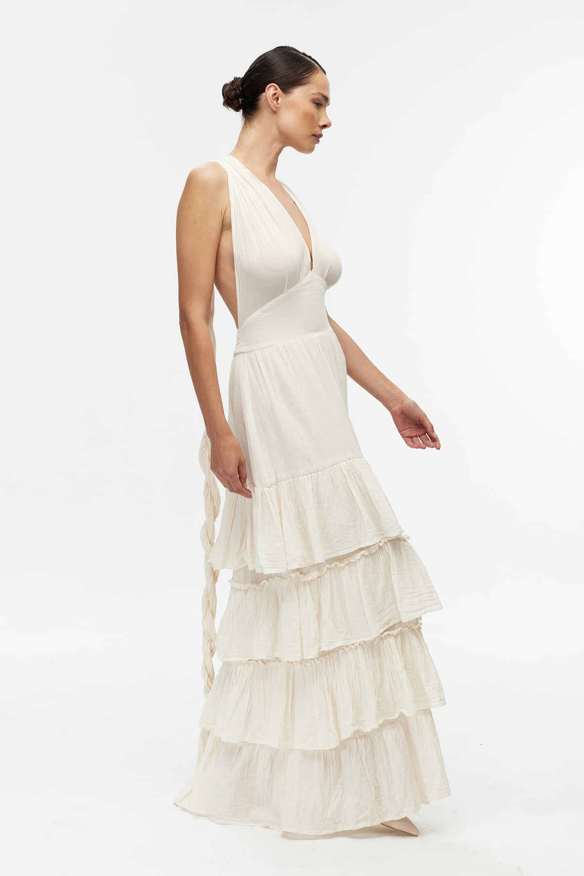 Ekru ruffle detay cotton elbise 3